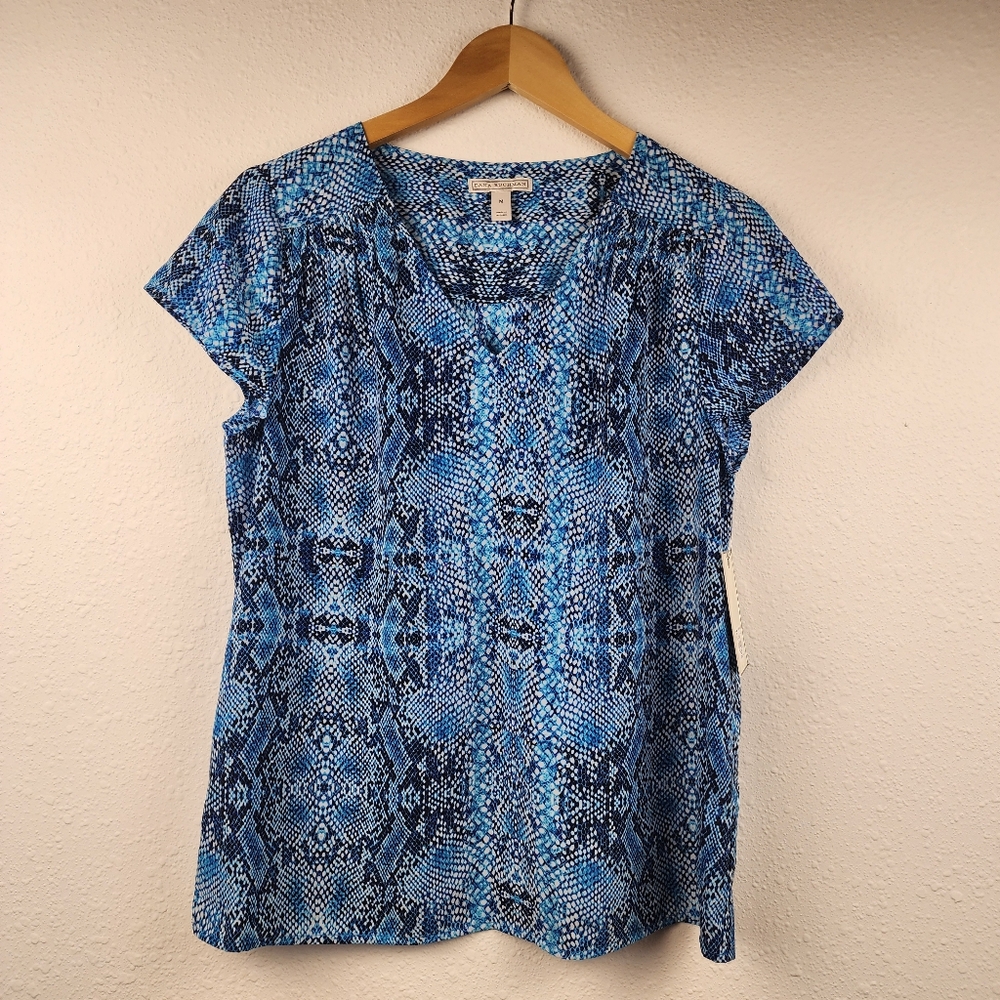 Dana Buchman Snake Print Blue & Black Cap Sleeve V-neck Blouse NWT Size Medium